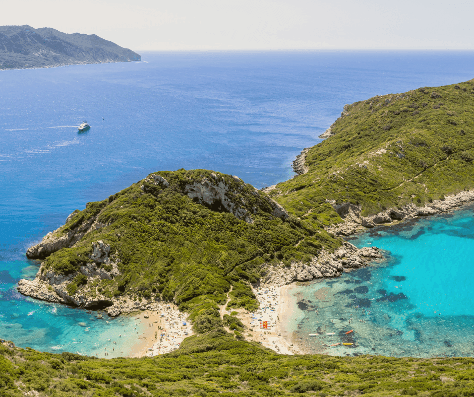 Aerial view of Porto Timoni, a twin beach in Afionas village, one of the Corfu villages you must definitely visit. 